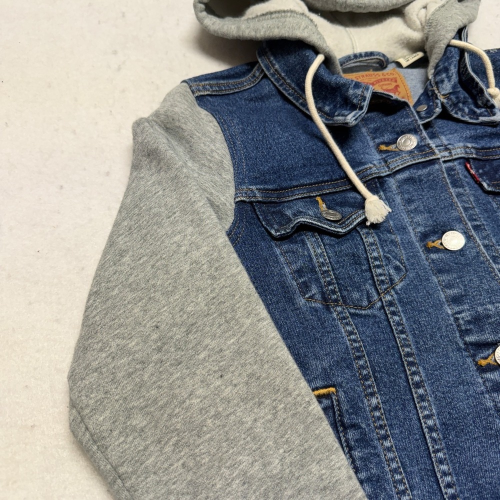 Levi Denim Trucker Jacket Hoodie Gray Sweatshirt Sleeves Women's Small Classic - Picture 6 of 16